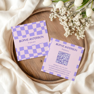 Retro Lavender Modern Wavy Checkered Square Business Card