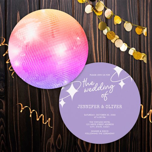 Retro Lavender Pink Orange Disco Ball Wedding Invitation
