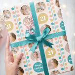 Retro Leaf Stem Custom Photo Birthday Wrapping Paper<br><div class="desc">Celebrate the one you love and say "Happy Birthday" with this stylish personalized gift wrap! A seamless pattern featuring retro leaf shapes in a palette of peach, blue-green, blue, white and gold color. Custom wrapping paper is a great way to add a touch of luxury to your gift and make...</div>
