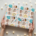 Retro Leaf Stem Custom Photo Birthday Wrapping Paper<br><div class="desc">Celebrate a special birthday with this stylish custom gift wrap! A retro leaf design elegantly displays four of your favorite photos. Personalize the template with the recipient's name and birthday age. This seamless pattern wrapping paper is perfect for family and friends! Printed colors: peach,  blue-green,  blue,  white and gold.</div>