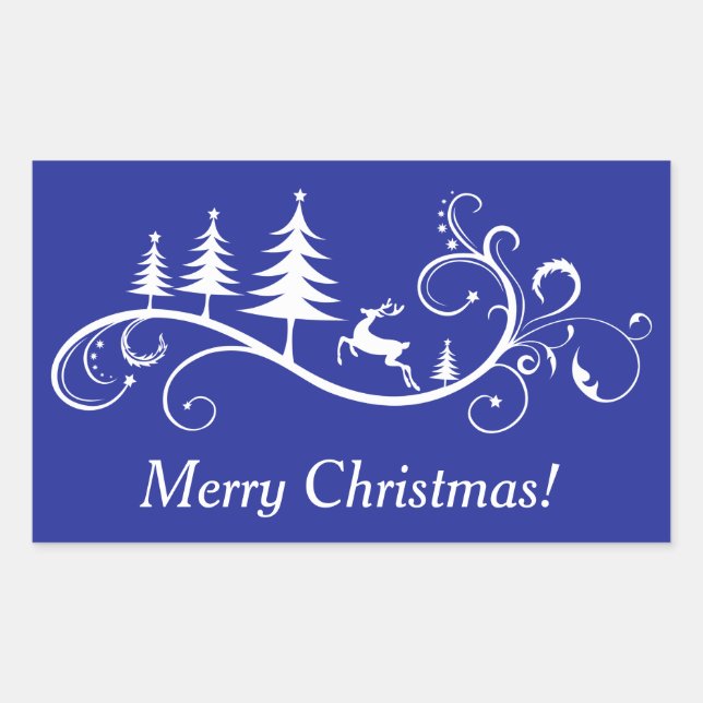 Retro Leaping Deer and Tree Christmas Rectangular Sticker (Front)