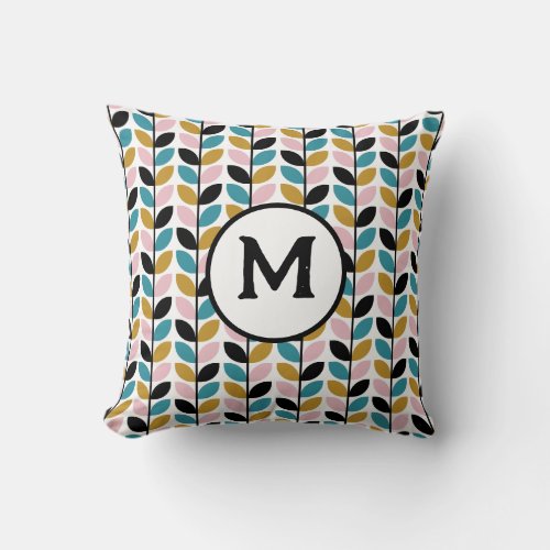 Retro Leaves Monogram Initial Pink Teal Navy Blue Throw Pillow