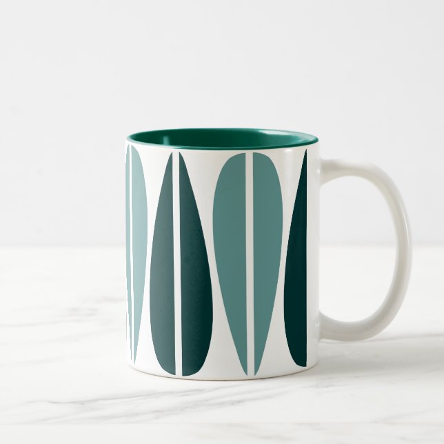 Retro Leaves - Ocean Green and Dark Green Two-Tone Coffee Mug (Right)