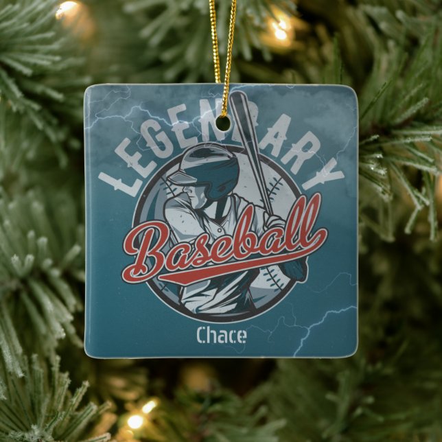 Retro Legendary Baseball Blue Holiday Ceramic Ornament (Tree)