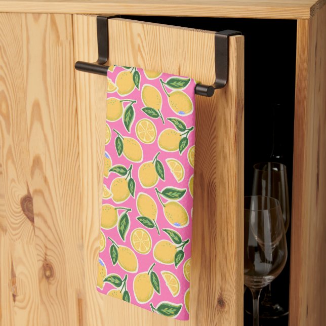 Retro Lemon Slices on Hot Pink Kitchen Towel (Thirds Fold)