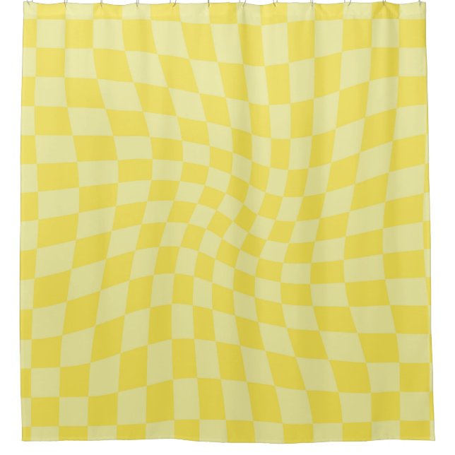 Retro Lemon Yellow Checks Warped Checkered Shower Curtain (Front)