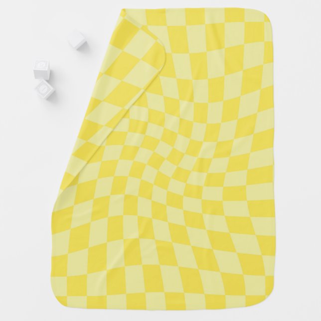 Retro Lemon Yellow Pastel Warped Checkerboard   Baby Blanket (In Situ)