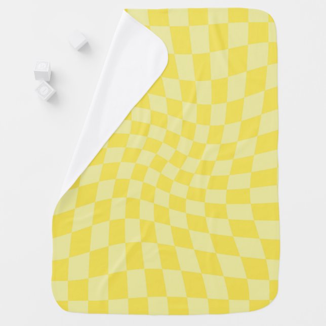 Retro Lemon Yellow Pastel Warped Checkerboard  Baby Blanket (In Situ)