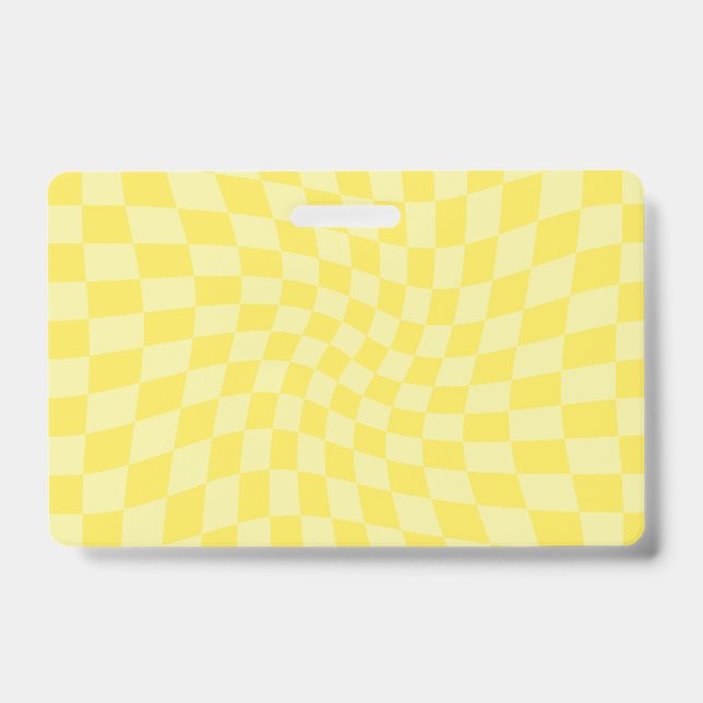 Retro Lemon Yellow Pastel Warped Checkerboard    Badge (Front)