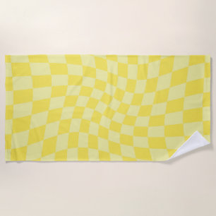 Retro Lemon Yellow Pastel Warped Checkerboard Beach Towel