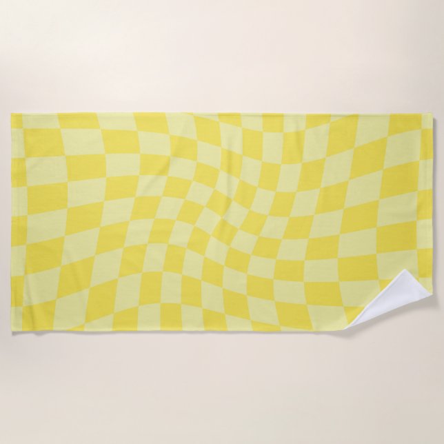 Retro Lemon Yellow Pastel Warped Checkerboard    Beach Towel (Front)