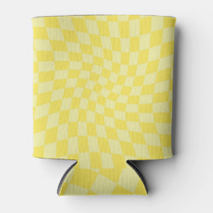 Retro Lemon Yellow Pastel Warped Checkerboard  Can Cooler