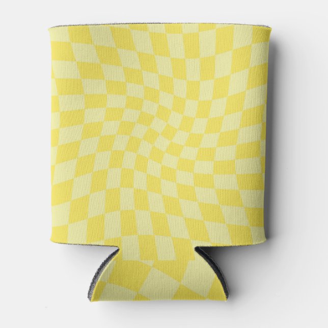 Retro Lemon Yellow Pastel Warped Checkerboard  Can Cooler (Front)