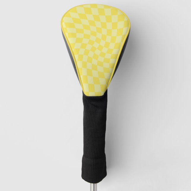 Retro Lemon Yellow Pastel Warped Checkerboard   Golf Head Cover (Front)