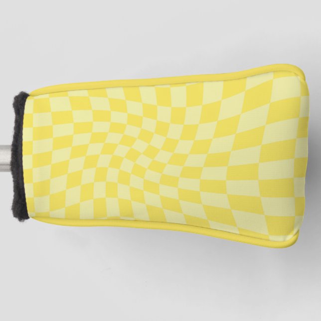 Retro Lemon Yellow Pastel Warped Checkerboard   Golf Head Cover (Front)