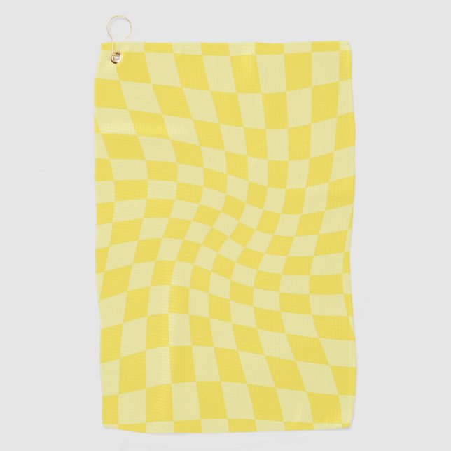 Retro Lemon Yellow Pastel Warped Checkerboard     Golf Towel (Front)