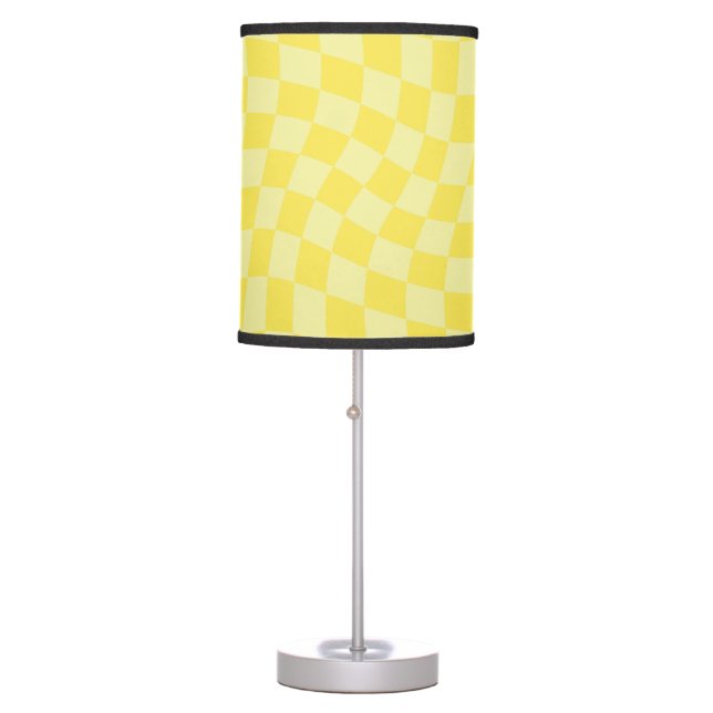 Retro Lemon Yellow Pastel Warped Checkerboard   Table Lamp (Front)