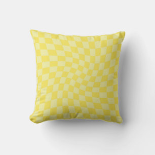 Retro Lemon Yellow Pastel Warped Checkerboard Throw Pillow