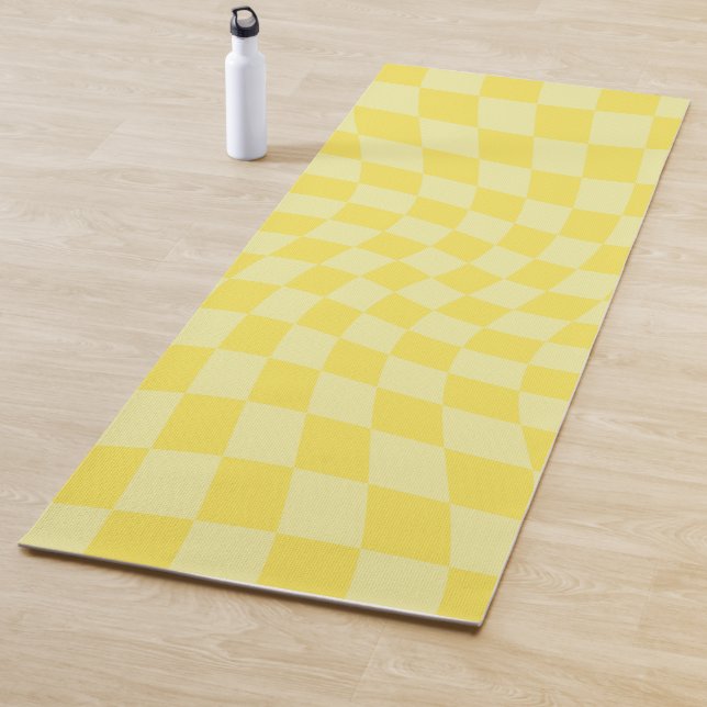 Retro Lemon Yellow Pastel Warped Checkerboard   Yoga Mat (In Situ)