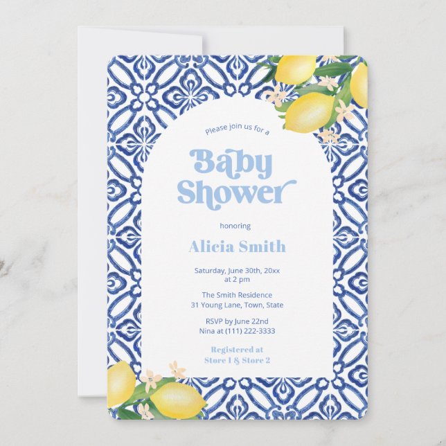 Retro Lemons Blue Tiles Boy Baby Shower Party Invitation (Front)