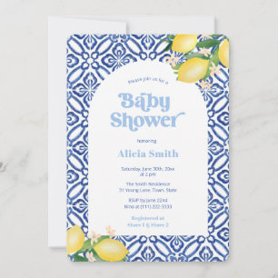 Retro Lemons Blue Tiles Boy Baby Shower Party Invitation