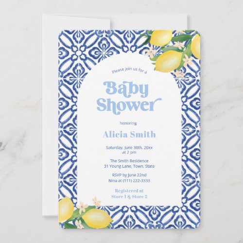 Retro Lemons Blue Tiles Boy Baby Shower Party Invitation