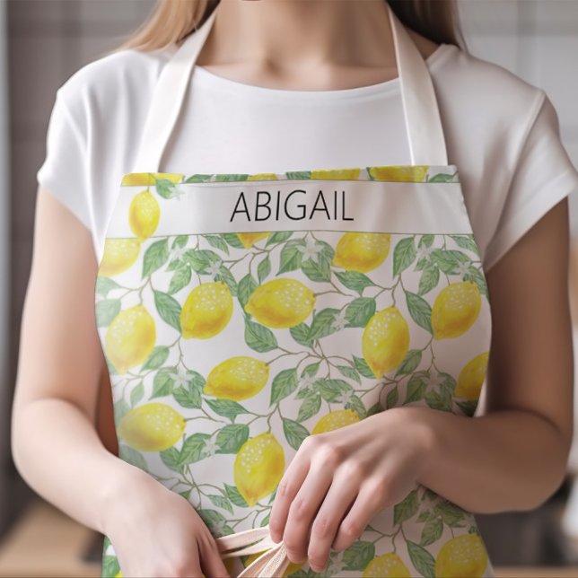 Retro Lemons & Lemon Tree Yellow Citrus Pattern Apron (Hand-drawn Lemons Pattern Apron with Any Name)