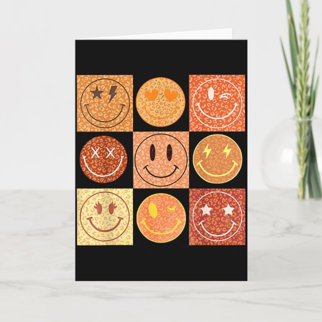 Retro Leopard Happy Face Checkered Pattern Smile F Card (Front)