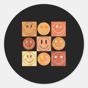 Retro Leopard Happy Face Checkered Pattern Smile F Classic Round Sticker