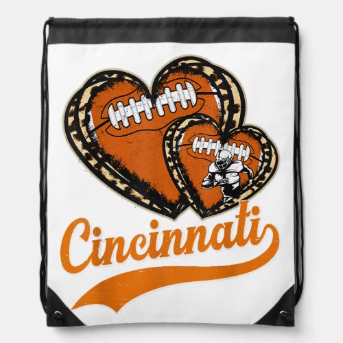 Retro Leopard Heart Cincinnati Football Lover Drawstring Bag