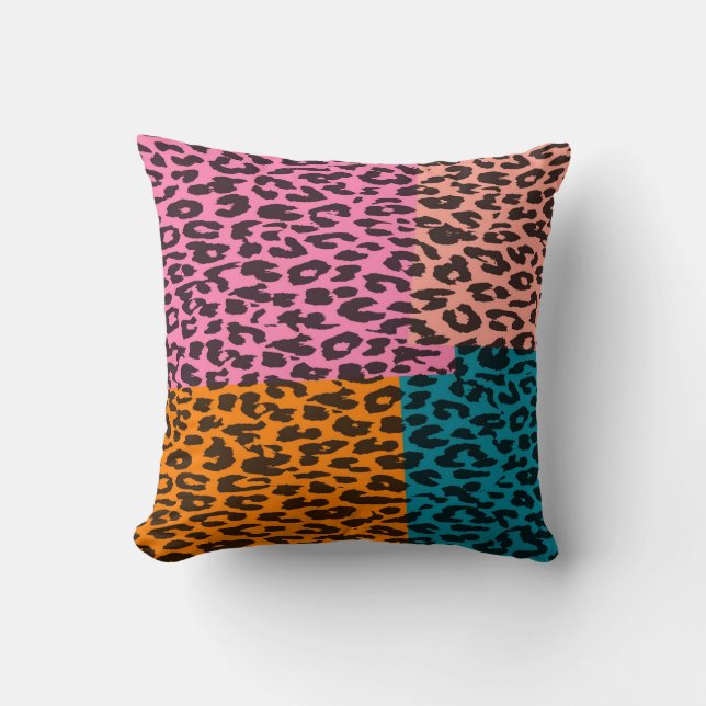 Retro Leopard Print (Green, Pink, Purple, Orange) Throw Pillow (Front)