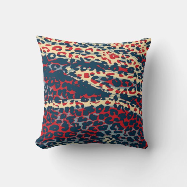 Retro Leopard Print Skin (BLue, Red, Bisque) Throw Pillow (Front)