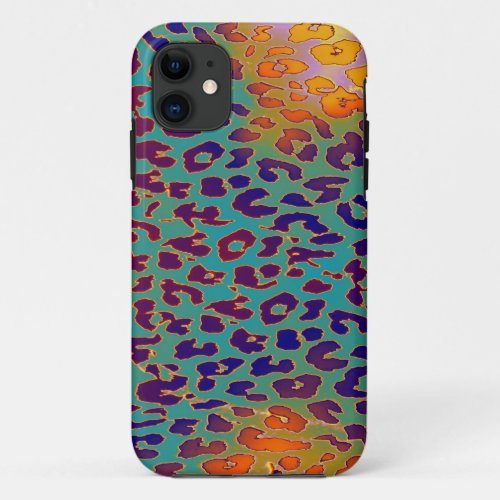 Retro Leopard Print Skin Blue Yellow Cyan iPhone 11 Case