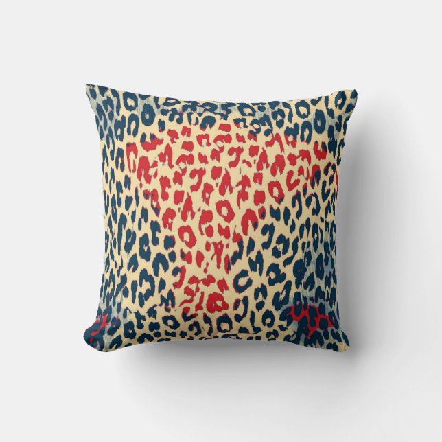 Retro Leopard Print Skin (Red, Blue, Cornsilk) Throw Pillow (Front)