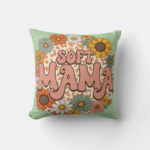 Retro Leopard Print "Soft Mama" Floral Graphic Des Throw Pillow