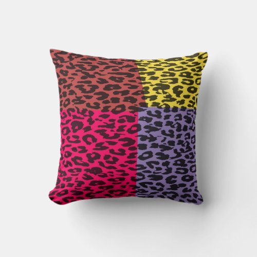 Retro Leopard Print Yellow Purple Red Brown Throw Pillow