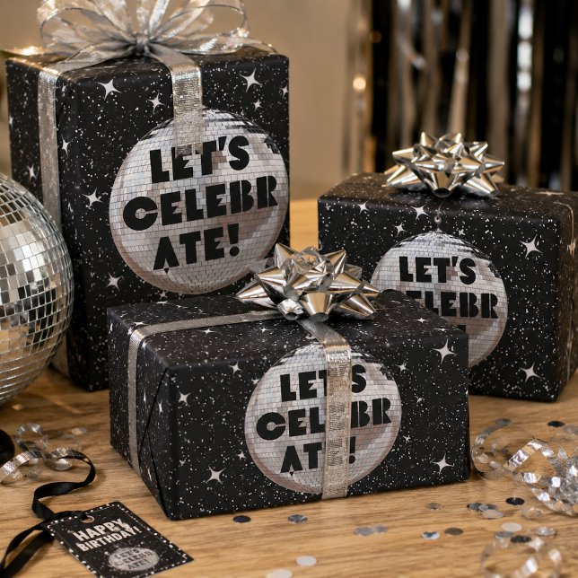 Retro Let's Celebrate Birthday Disco Ball Black Wrapping Paper Sheets (Creator Uploaded)