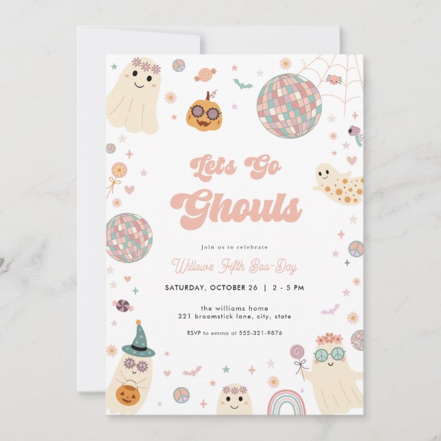 Retro Lets Go Ghouls Halloween Birthday Invitation (Front)