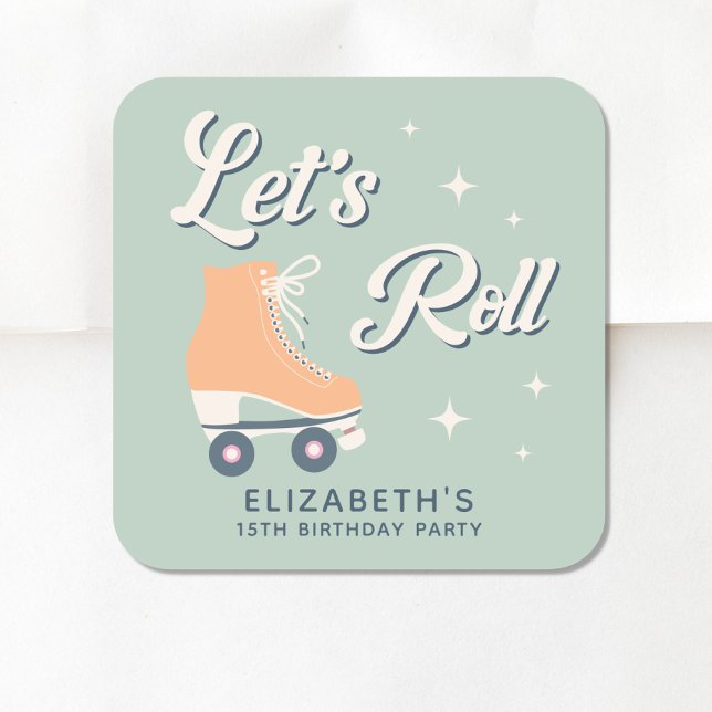 Retro Lets Roll Roller Skating Birthday Party Square Sticker (Creator Uploaded)