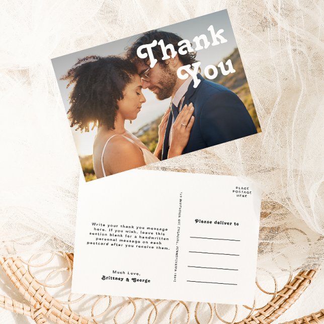 Retro Lettering Full Photo Wedding Thank You Postcard (Creator Uploaded)