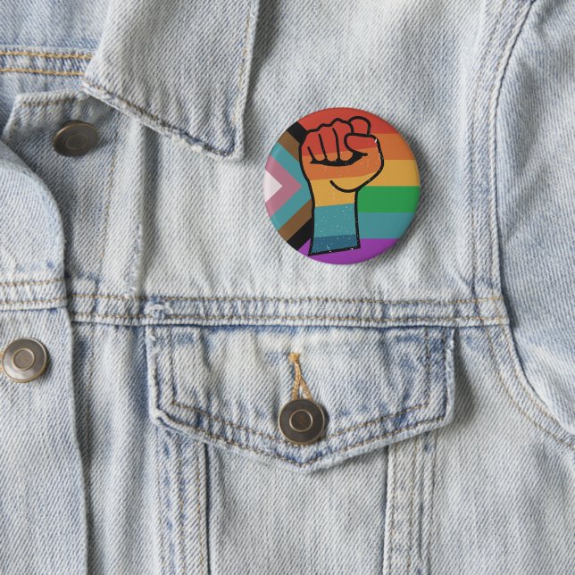 Retro LGBTQ+ Pride Fist Button (In Situ)