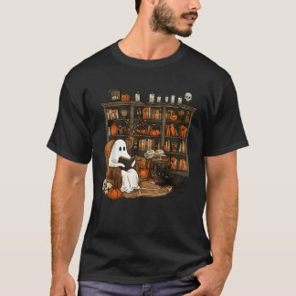 Retro Librarian Bookshelf Teacher Boujee Ghost Cat T-Shirt