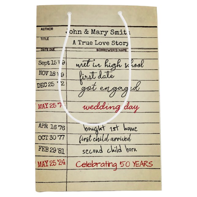 Retro Library Card 50th Anniversary Medium Gift Bag (Front)