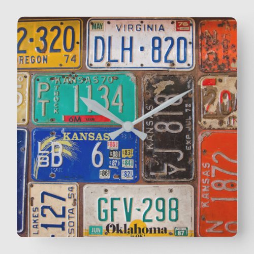 Retro License Plate Collection Square Wall Clock