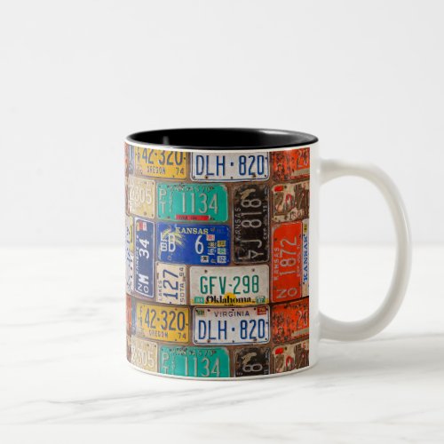 Retro license plate collection Two_Tone coffee mug