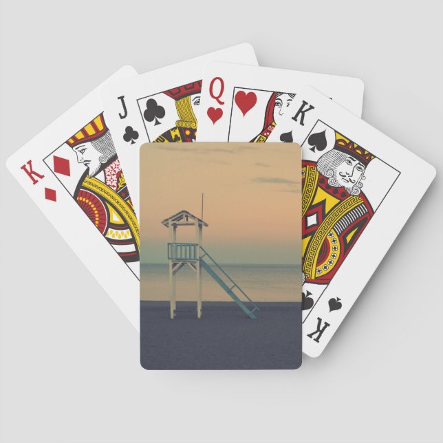 Retro Lifeguard Beach Tower Sunset Photo Poker Cards (Back)