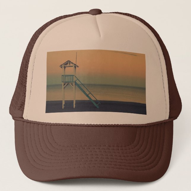 Retro Lifeguard Beach Tower Sunset Photo Trucker Hat (Front)