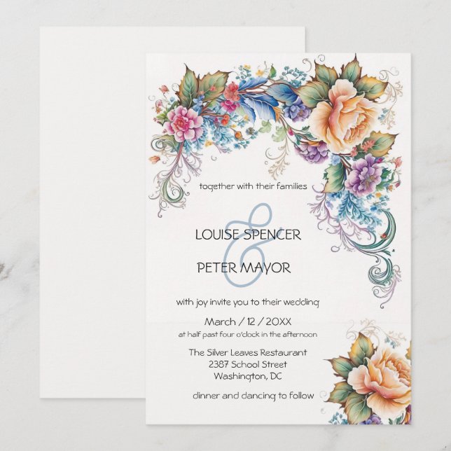 Retro, light blue and peach flowers Wedding Invita Invitation (Front/Back)