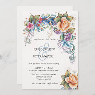 Retro, light blue and peach flowers Wedding Invita Invitation