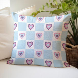 Retro Light blue Hearts Checkered Pattern Throw Pillow